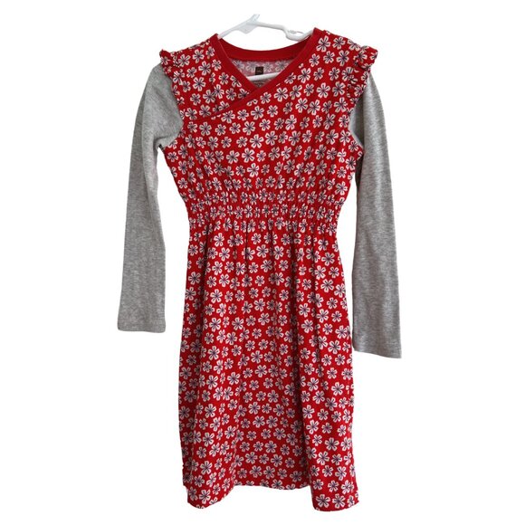 TEA Collection SORA Wrap Neck Fiery Red Floral Dress Girl Size 6 90s Long Sleeve - Picture 1 of 5